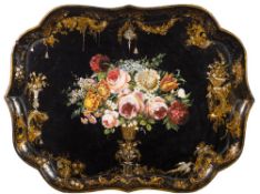 A large 19th century papier mache tray: of cartouche-shaped outline,