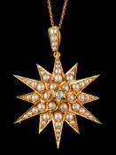 A 19th Century seed pearl and diamond star burst pendant: centring a round old brilliant-cut