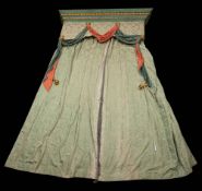 Three green silk curtains with matching pelmets:,