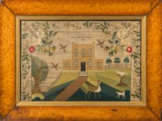 A Victorian needlework sampler: the central panel depicting a country mansion with a stag,