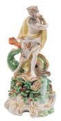 A Derby figure of Neptune: standing with a large dolphin on a shell,
