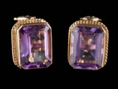A pair of rectangular amethyst single-stone earrings: each rectangular amethyst approximately 16mm
