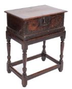 An 18th Century oak rectangular bible box:, on a later stand,