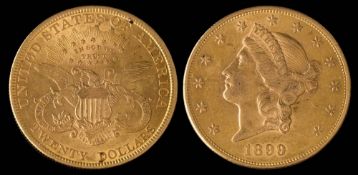 An American Liberty Head 20 dollar coin dated 1899,: approximately 33.5gms gross weight.