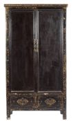 A Chinese black lacquer and gilt decorated side cupboard:, with foliate and geometric decoration,