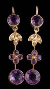 A pair of amethyst and seed pearl drop earrings: approximately 25mm length of drop, 1.