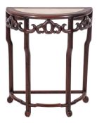 A Chinese Hua Li wood half-round hall table table: the top inset with a panel of white marble,