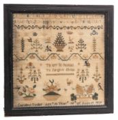 An early Victorian needlework sampler: with banded decoration of an upper and lower case alphabet,