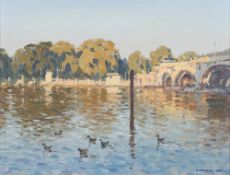 * Ronald Morgan [b.1936]- The Thames at Richmond Lock,:- signed and dated 1989 oil onboard, 22.