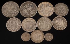 A group of silver coins including 1887 double florin, 1887 halfcrown, 1889 crown etc.