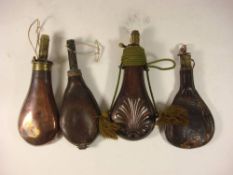 A copper and brass powder flask by W Foster & Co, Sheffield:,