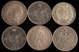 Six crown size coins including 1889 (counterstamped) Mexican 8 reales: Japanese 1 yen 1924 Peru sol.