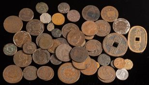 A selection of world copper coins including Japanese 100 mon pieces etc.