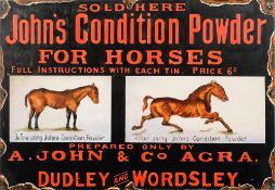A hand painted board in the style of an enamel sign for 'John's Condition Powder for Horses':,