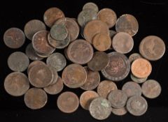A bag of English copper coins: including George II evasions and a cartwheel 2d.
