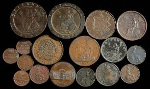 A group of copper coins including two 1797 two pences,: a 1723 Woods half penny,