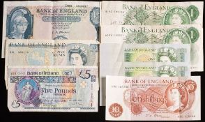 An O'Brien £5 banknote, an Irish £5 banknote, four £1 banknotes and one 10 shilling banknote.