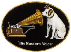A HMV oval enamel advertising sign in white, black brown and yellow enamels 43 x 58cm.