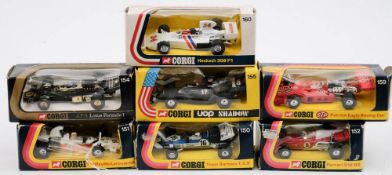 A boxed group of seven Corgi racing cars: No 152 Ferrari 312 B2, No 160 Hesketh 308 F1,