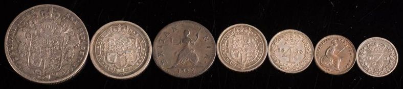 An 1825 halfcrown, an 1817 shilling and sixpence,: 1833 fourpence, 1837 three pence, 1754 farthing,