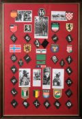 Two framed sets of reproduction German Foreign legion cloth badges.