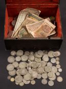 A strong box containing a mixed group of coins: and a bag of pre 1947 and pre 1920 silver: