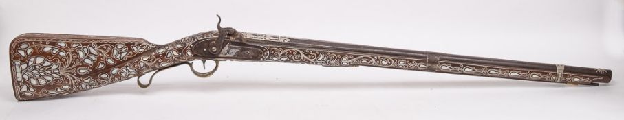 A 19th century Turkish mother of pearl inlaid percussion cap rifle: the 28 1/2 inch two stage