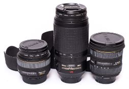A Sigma 30mm f1.4 lens, a Nikon 70-300mm f4.5-5.6g lens, a Sigma 10-20mm f4-5.