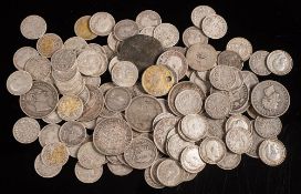 A selection of English silver coinage: including 1874 and 1834 shillings,