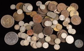 A group of coins including USA 1882 dollar (brooched): 1680 Irish halfpenny,