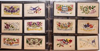 An album of Edwardian silk Greetings postcards for Christmas, Easter and Birthdays,