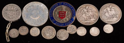 An 1821 crown, an 1889 Crown, an 1817 shilling a Woodrow Wilson perpetual calendar coin,: etc.