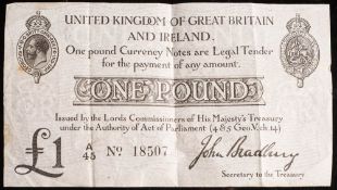 A John Bradbury £1 banknote serial number A4518507.