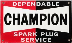 A Champion enamel advertising sign for 'Spark Plug Service', white, red and black enamel, 23 x 38cm.
