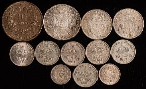 A collection of French coins: including a high grade 1867 2 francs, 1866/67 1 franc,