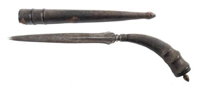 A 19th century Indo-Persian horn handled dagger: the straight doubled edged Damascus blade over a