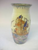 A Fieldings Crown Devon Galleon vase: of slender ribbed oviform with flaring neck,