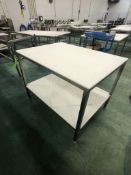 S/S TABLE WITH UMHW CUTTING BOARD TOP AND BOTTOM SHELF, APPX DIM. LWH'' 48 X 36 X 36