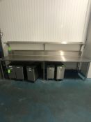 S/S TABLE WITH S/S BACKSPLASH AND S/S SHELF, APPROX. DIMS: 142