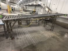 S/S INCLINE ROLLER CONVEYOR IN TWO PIECES (ONE WITH CASTERS / ONE WITHOUT), APPX DIM. L180'' X