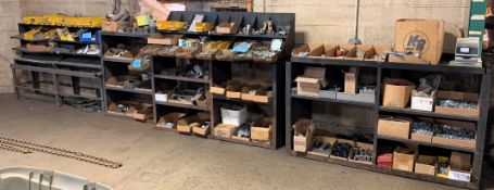 Lot-Asst'd Nuts, Bolts, Washers, Brackets, Pipe Fittings, etc. on (4) on (4) Sections Shelving