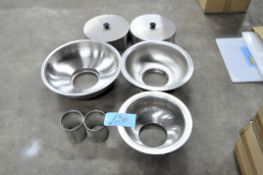 Lot-(3) Various Round Stainless Steel Sinks, (2) Strainer Baskets, and (2) Stainless Steel Covers