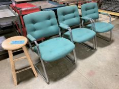 Lot-(3) Upholstered Side Arm Office Chairs and (1) Wood Stool