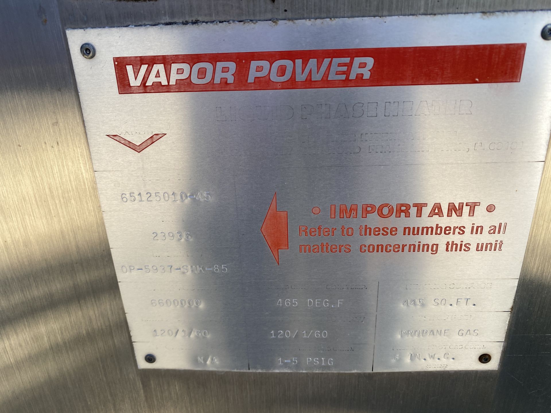 Vapor Power Hi-R Temp high temp liquid phase heater, propane gas fired, 6.6 MM BTU/Hr, 445 Ft² - Image 3 of 6