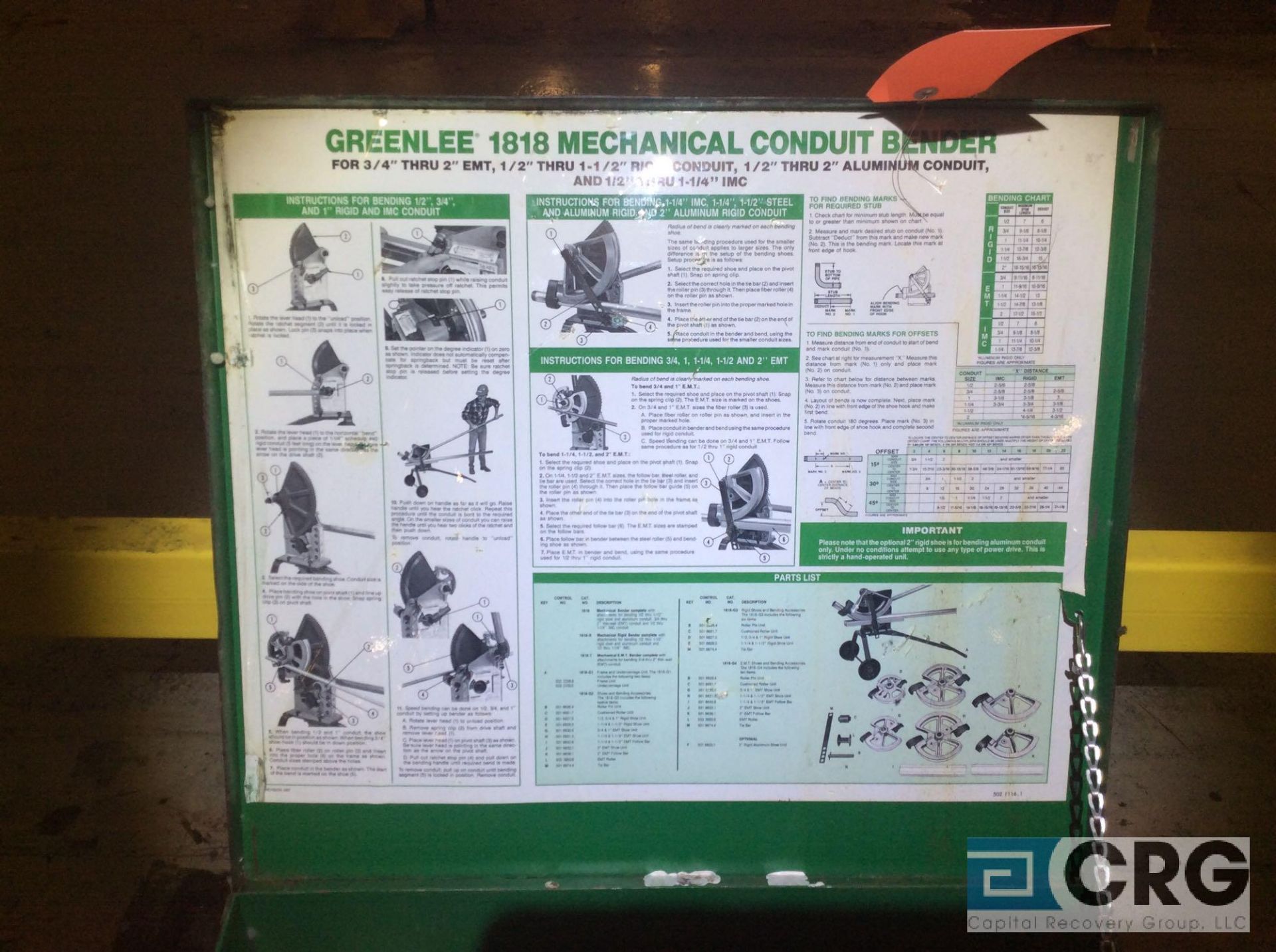Greenlee 1818 mexhanical conduit bender with assorted shoes and case, 3/4 - 2 inch EMT, 1/2 - 1 1/ - Image 2 of 3