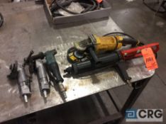 Lot of hand tools including pneumatic grinders, electric grinder, pneumatic caulking gun, hand