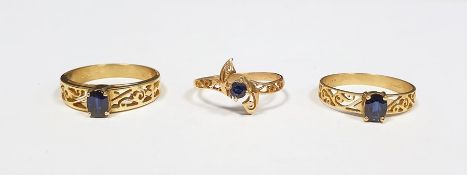 Three 9ct gold and sapphire rings, each set single stone in pierced setting (3)  Condition ReportThe