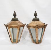 Pair of copper and glass light shades in the Victorian manner, of tapering hexagonal form