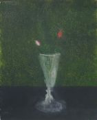 Craigie Aitchison (1926-2009) Oil on canvas board Still life, crystal vase with two buds, 25cm x
