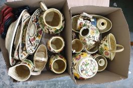 Two boxes of H J Wood Indian Tree decorated porcelain to include jugs, vases, baskets, mugs, etc